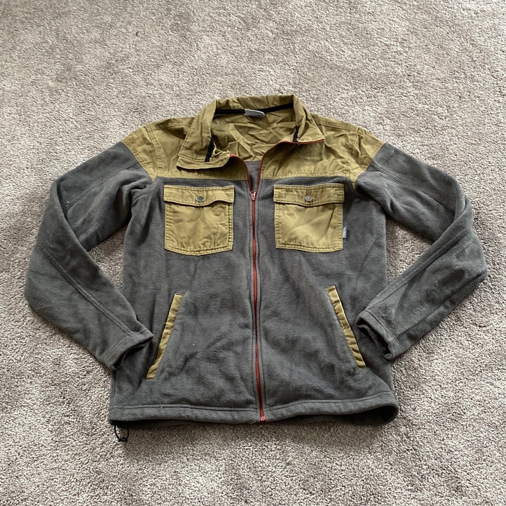 Columbia Gray Olive Full Zip Fleece Utility Outdoor Jacket SIZE M
